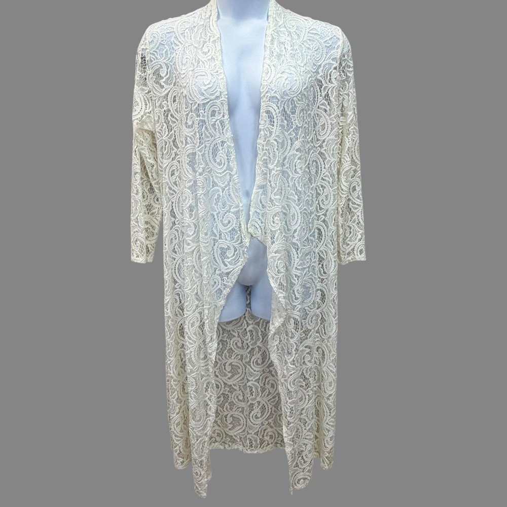 OBJEX Kimono Womens 3X White Paisley Waterfall Sheer Stretch‎ Lace Open Relaxed